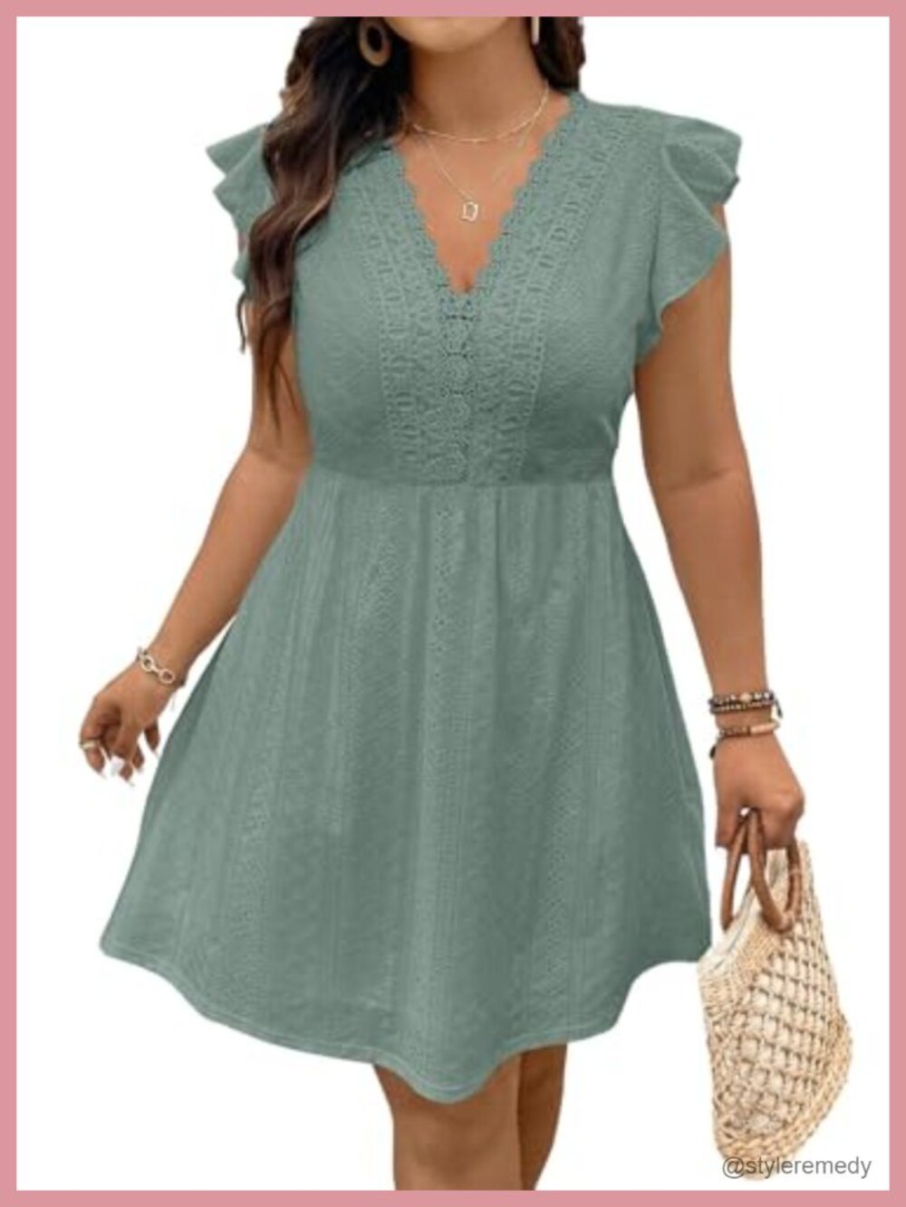 Plus Size Ruffle Cap Sleeve Lace V Neck Eyelet A Line Mini Dress